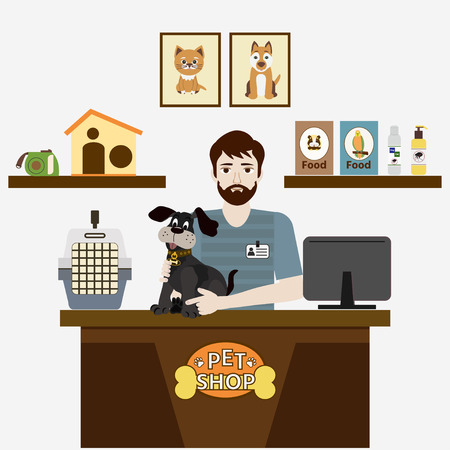 Pet shops seller with cute dog. Flat vector illustration.  Accessories for animals care, food, etc.  Pet shop concept.のイラスト素材