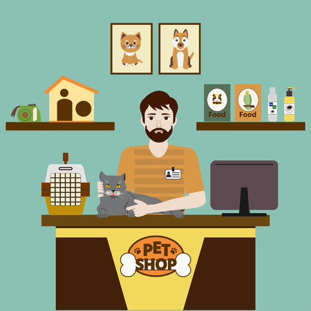 Pet shops seller with cute cat. Flat vector illustration.  Accessories for animals care, food, etc.  Pet shop concept.のイラスト素材