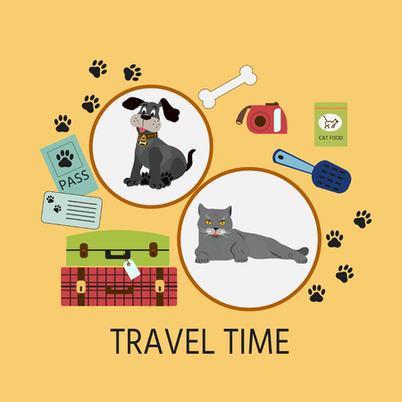Cute dog and cat. Concept illustration of pet carrying and travelling with pets. Vector Illustration.のイラスト素材