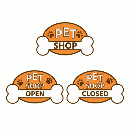 Sign of pet shop. Open and closed sign board for store logo with paw of animal. Vector illustration.のイラスト素材
