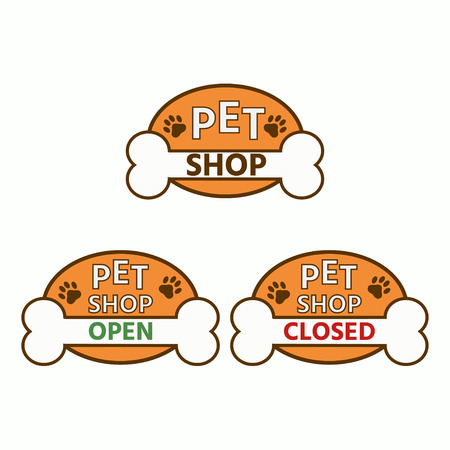 Sign of pet shop. Open and closed sign board for store logo with paw of animal. Vector illustration.のイラスト素材