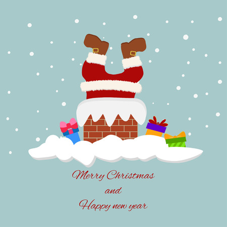 Christmas Santa Claus in the chimney. Vector Illustration. Xmas card.のイラスト素材