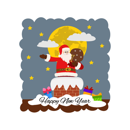 Christmas background with Santa Claus in chimney  and the inscriptions Merry Christmas and Happy New Year! Vector illustration.のイラスト素材