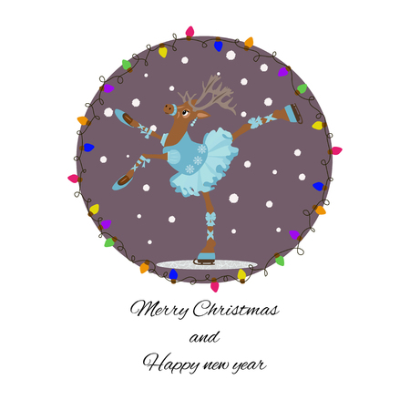 Cute deer in cartoon style in dress ballerina. Vector illustration  for winter seasonal greeting card, invitation, nursery decor, t-shirt, banner, interior design.のイラスト素材