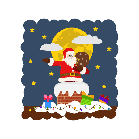 Cute Santa stuck in chimney winter snowy landscape. Creative decoration element for Holiday Greeting Gift Party Poster.のイラスト素材