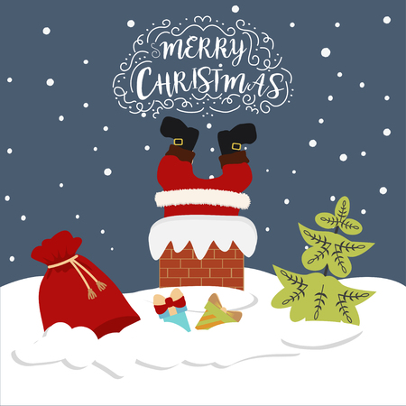 Santa Claus stuck in the chimney. The concept of Merry Christmas. Vector illustration in cartoon style.のイラスト素材