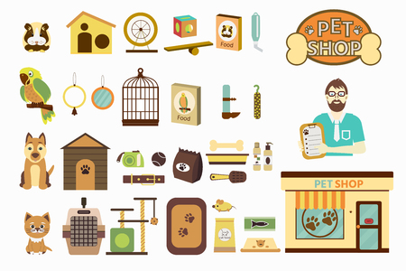 Collection icons of supplies for pet shop in flat style. May be used for banner or web page for vet clinic, pet shop or shelter.のイラスト素材