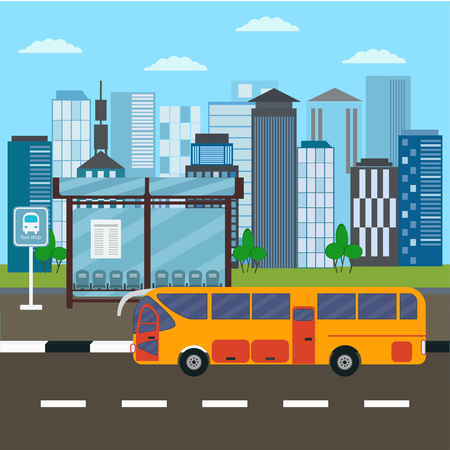 Bus stop and  city bus driving on downtown road, with city background . Vector concept background or banner.のイラスト素材