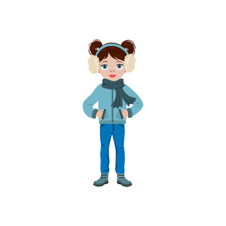 Vector cute little girl in jacket and jeans. Autumn fashion. Beautiful girl  can use for postcard, card, poster, invitation, print.のイラスト素材