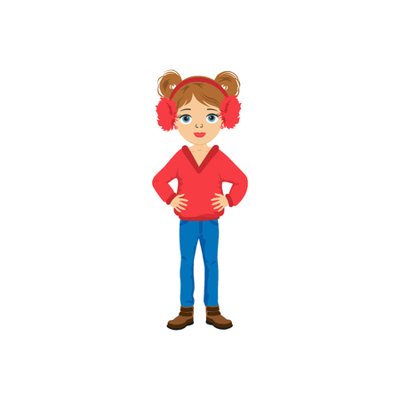 Vector cute little girl cartoon character in sweater and jeans .  Beautiful girl  can use for postcard, card, poster, invitation, print.のイラスト素材