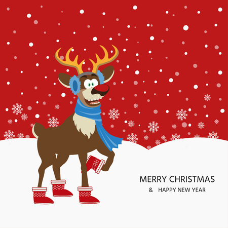 Cute Christmas deer on red  background with snowflake. Christmas card.のイラスト素材