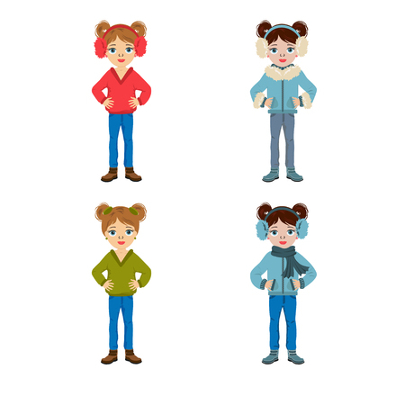 Vector set with cute little girls cartoon characters.  Autumn fashion. Beautiful girls  can use for postcard, T-shirt, poster, invitation, print.のイラスト素材
