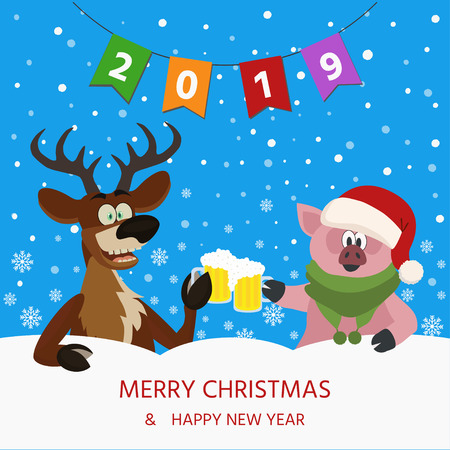 Merry Christmas and a Happy New Year 2019. Cute Christmas pig and reindeer with  beer. Vector illustration can use for banner, presents, interior design.のイラスト素材