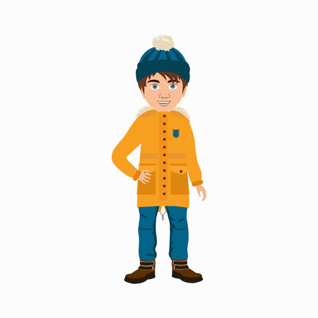 Cute boy wearing jeans, yellow parka and cap. Vector illustration icon boy for presents, invitation, children room, nursery decor, interior design.のイラスト素材