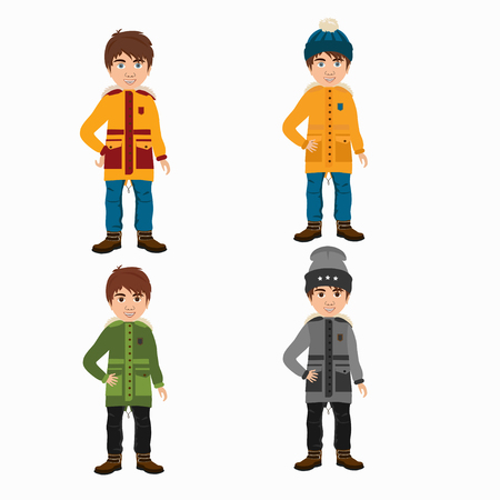Vector illustration set cute boys wearing jeans,  parka and winter cap isolated on white  background.のイラスト素材