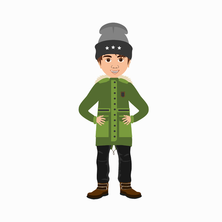 Vector illustration of cute cartoon boy in  jeans and jacket, isolated on white background.のイラスト素材