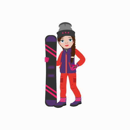 Cute girl  icon in winter clothes with snowboarding.  Elements for ski resort picture, mountain activities, vector illustration.のイラスト素材