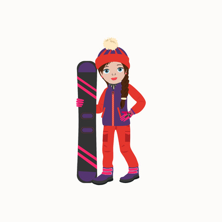 Cute girl in winter clothes  with snowboarding. Vector  illustration isolated on white background.のイラスト素材