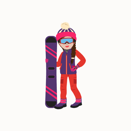 Cute girl in winter clothes  and ski goggles with snowboarding.  Elements for ski resort picture, mountain activities, vector illustration.のイラスト素材