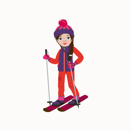 Vector illustration of a cute little girl whith skis in hands. Skiing is winter sports.のイラスト素材