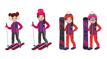 Cute cartoon girls in winter sport clothes clothes with snowboarding and ski in hand, set. Vector icon girls isolated white background.のイラスト素材
