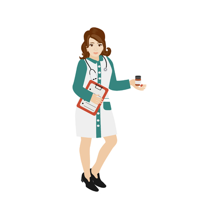 Vector illustration of  woman doctor. Smiling beautiful brunette in female medical uniform with stethoscope and mixture in arm.のイラスト素材