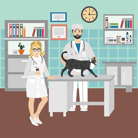Vector illustration of a man Veterinarian and nurse at cabinet in the vet clinic examining a cat. Cartoon character.のイラスト素材