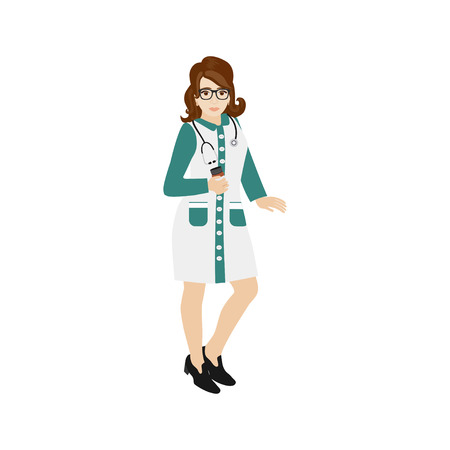 Vector illustration of realistic friendly woman doctor. Smiling beautiful brunette in female medical uniform with stethoscope.のイラスト素材