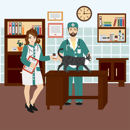 Veterinarian and nurse  in the clinic with a cat. Vector isolated illustration. Cartoon character.のイラスト素材