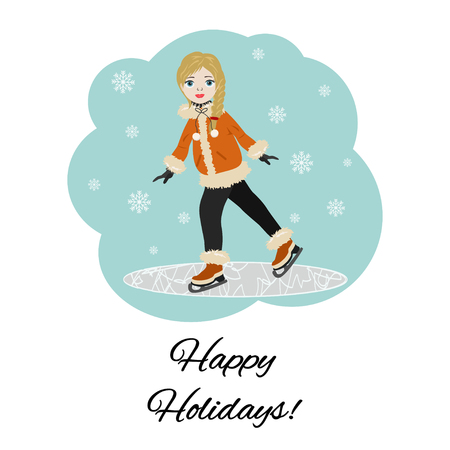 Greeting card "Happy holidays"  with cute girl on rink. Flat style of icons for presents, invitation, children room decor, interior design.のイラスト素材