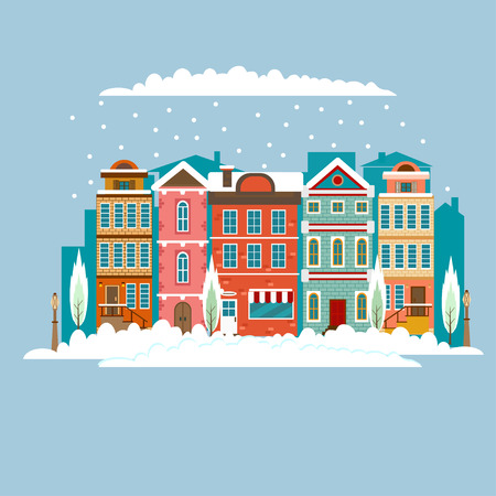 Snowy Christmas street flat vector illustration. Old colorful european christmas houses with trees and space for text. Christmas card, banner.のイラスト素材