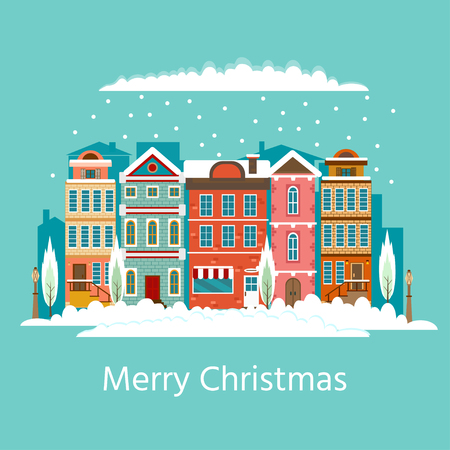 Snowy Christmas street flat vector illustration. Old colorful european christmas houses with trees. Template for decoration, greeting cards, banner.のイラスト素材