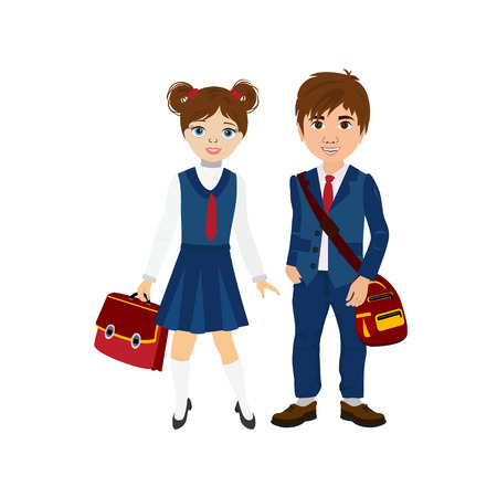 Cartoon Vector Illustration of a shool boy and girl with Backpacks. Vector illustration isolated white background.のイラスト素材