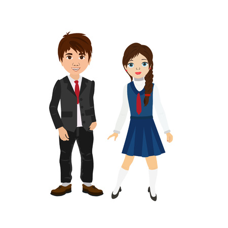 Cute boy and girl in blue school uniform. Vector illustration for banner, invitation,  decor, interior design.のイラスト素材