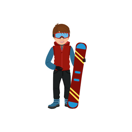 Cute boy in ski suit  with snowboard. Winter extreme sport. Vector illustration in cartoon style for design.のイラスト素材
