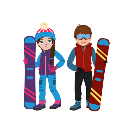 Cute smiling boy and girl in winter clothing and with snowboard. Vector illustration in cartoon style for design on Christmas holidays.のイラスト素材