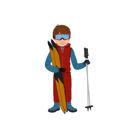 Cute smiling boy in ski and with ski. Vector illustration in cartoon style for design on Christmas holidays.のイラスト素材