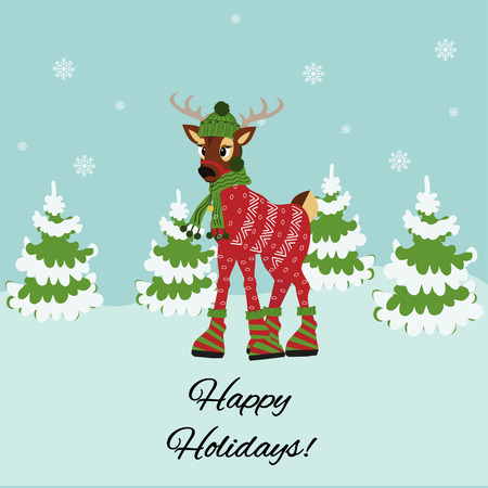 Christmas card. Christmas Reindeer in a cap and scarf isolated on white background. Flat design. Vector Illustration.のイラスト素材