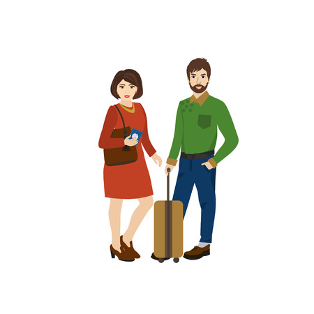 Man and woman with suitcase on white background.  Vector illustration.のイラスト素材