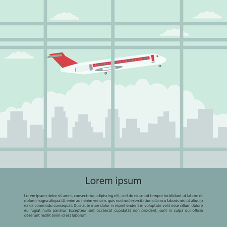 Banner, landscape interior  through the Window at the Runway with Airplane. Travel and Tourism Concept.  Vector illustration.のイラスト素材