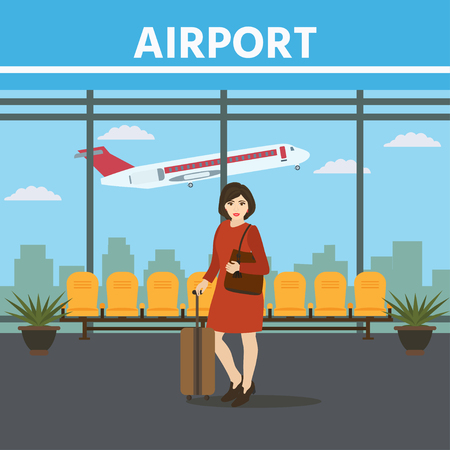 Banner, background of hall at airport, woman with suitcase  in the foreground. Travel and Tourism Concept.  Vector illustration.のイラスト素材
