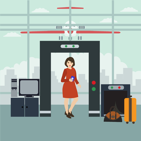 Vector illustration of security  scanning passenger with metal detector. Airport terminal, security checkpoint concept design element.のイラスト素材