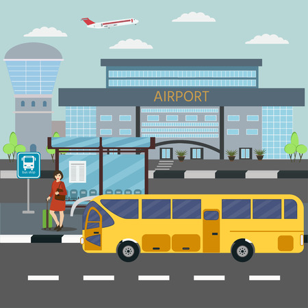 Banner. The woman waiting at the stop bus, airport in the  background. Travel and Tourism Concept.  Vector illustration.のイラスト素材