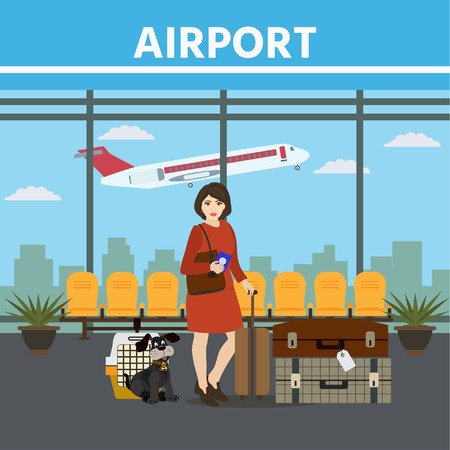 Airport waiting hall, woman with suitcase and dog in the foreground. Terminal interior, panoramic window, airplane. Time to travel. Travel concept, vector illustration.のイラスト素材