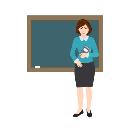 Teacher with book is  in front of a school blackboard. Cartoon vector illustration on a white background.のイラスト素材