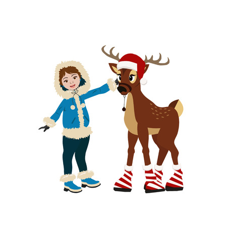 Cute little girl  with a deer.  Vector illustration can use for Christmas greeting card, invitation, T-shirt, interior design.のイラスト素材
