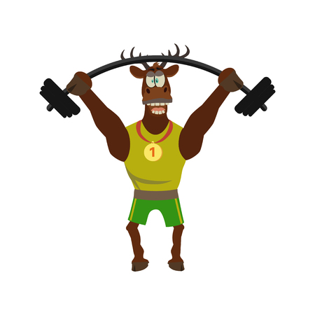 Cute  funny deer in sport uniform and lifted barbell. Vector illustration  isolated  white background. Cartoon style.のイラスト素材