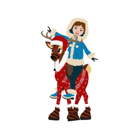 Cute little girl riding on deer.  Cartoon style icon for presents, invitation, T-shirt, children room decor, interior design.のイラスト素材