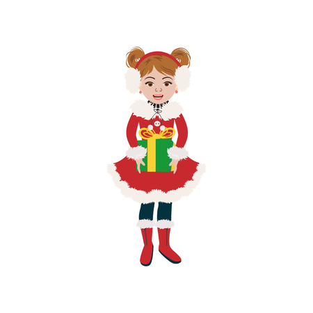 Cute little girl in winter coat with present. Vector illustration in cartoon style can use for Christmas greeting card, invitation, T-shirt, interior designのイラスト素材