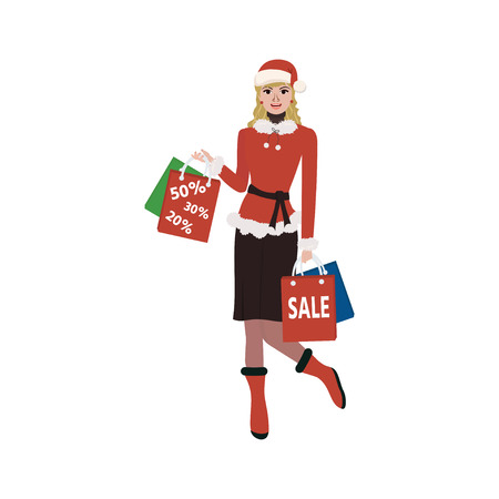Cute woman in cap Santa with packages in arms.  Shopping. Big Sale. Vector  cartoon illustration.のイラスト素材